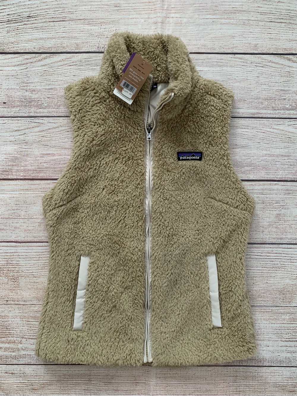 Patagonia woman’s XS Tan Sherpa Vest with Ivory Accents